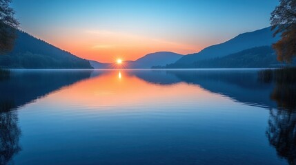 Fototapeta premium Serene sunrise lake mirroring mountains.