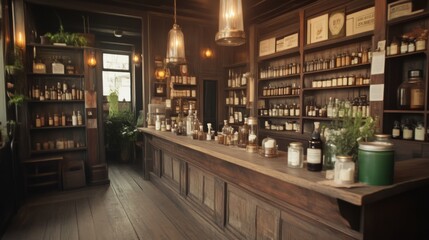 Nostalgic 1920s Apothecary Scene with Vintage Jars and Herbal Remedies under Candlelight Glow
