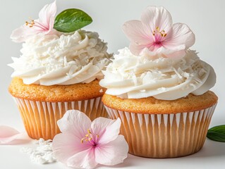 Two decorated cupcakes with coconut frosting and pink flowers, creating a festive presentation.