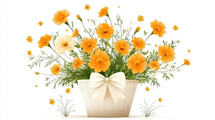 Simple   illustration of marigolds in a beige rattan basket with a cute bow, arranged on a light-colored backgrounds, ideal for fresh and vibrant floral designs.