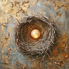 Glowing orb nestled in a bird's nest on a textured gold and gray background.