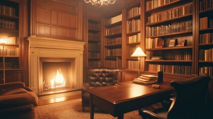 Fototapeta premium Cozy 1920s Study with Vintage Desk, Bookshelves, and Fireplace Creating Perfect Reading Nook