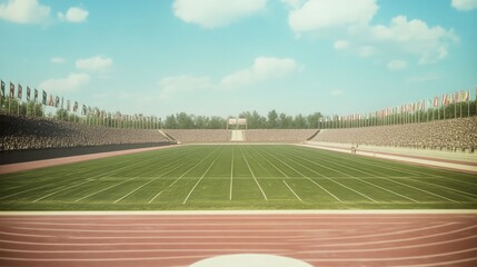 Retro 1920s Athletic Event: Vintage Sportsmanship and Dynamic Competition with Spectators Cheering and Colorful Banners