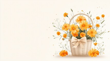 Sweet   bouquet of marigolds in a cute beige rattan basket with a bow, set on a light-colored backdrop, perfect for delicate and sunny floral designs.