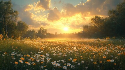 Sunset field, wildflowers, golden hour, peaceful.