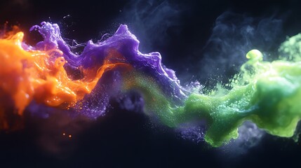 Obraz premium Dynamic swirls of bright green, purple, and orange ink blending in water, captured with crystal-clear textures and realistic lighting.