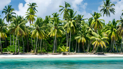 Obraz premium Tropical beach scene with palm trees and clear blue water under a bright sky.