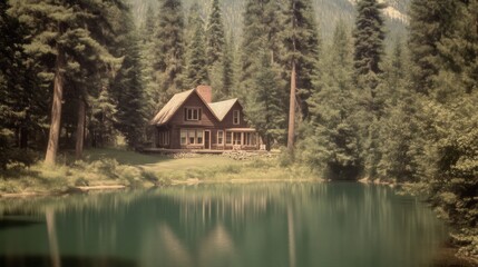 Tranquil 1920s Mountain Retreat: Cozy Cabin, Hiking Families, Peaceful Lake Reflection in Vintage Setting