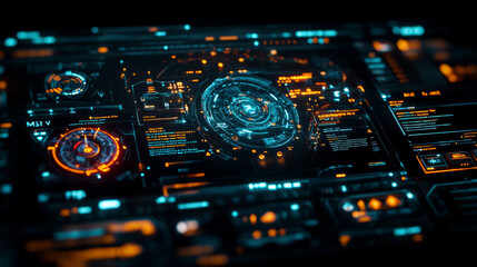 Fototapeta premium Futuristic digital interface with glowing elements, featuring circular graphs, data displays, and vibrant colors. This high tech design evokes sense of advanced technology and innovation
