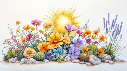 Vintage watercolor depiction of rare desert flowers, with minimalist desert terrain and a stylized sunburst, creating a tranquil, artistic scene.