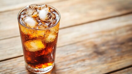 Iced cola drink in a tall glass on wood