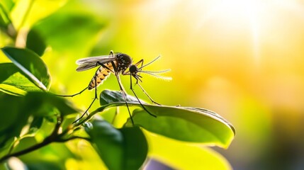 Naklejka premium Tropical rainforest scene featuring a mosquito in the foreground, showcasing the intricate balance and biodiversity of life in a lush, vibrant ecosystem