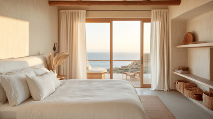 Fototapeta premium A serene bedroom with coastal view, featuring soft textures and natural light. calming atmosphere invites relaxation and tranquility, perfect for unwinding