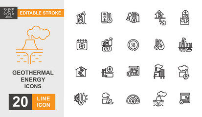 Geothermal energy line editable icon set. Power, factory, renewable, eco, electricity and more line icons.
