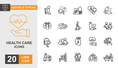 Health care line editable icon set. Medicine, patient, nurse, treatment, diagnosis and more line icons.