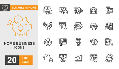 Home business line editable icon set. Office, freelance, startup, online, ecommerce and more line icons.