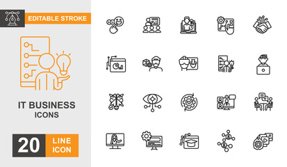 IT business line editable icon set. Network, cybersecurity, data, cloud, digital and more line icons.