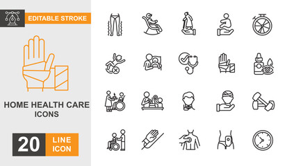 Home health care line editable icon set. Medical, wellness, support, assistance, gym, therapy and more line icons.
