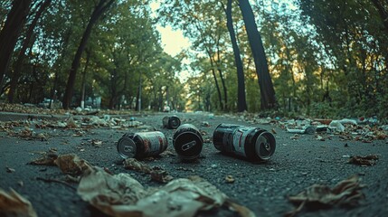 Discarded Aluminum Cans Littering Forest Path