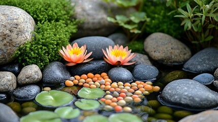 Fototapeta premium Natural arrangement of bright pebbles surrounded by water lilies in a serene pond, reflecting the vibrant greens of nearby plants.
