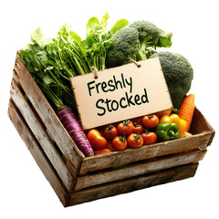 Freshly stocked vegetables in wooden crate farm market image with transparent background