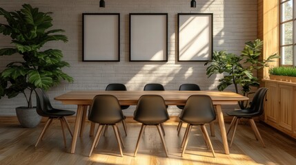 Obraz premium Modern Dining Room Interior with Wooden Table and Black Chairs
