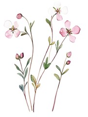 Watercolor of small flowers with slender petals and long leaves in retro colors