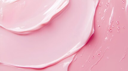 Top view to skincare cosmetic cream lotion swatch smear smudge on light pink color background. Beauty cosmetics product cream, serum, shampoo