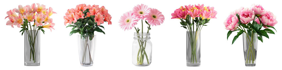 Obraz premium PNG Vibrant floral arrangements in vases, element set on transparent background