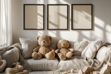 Cozy Child's Room Interior with Teddy Bears and Blank Frames