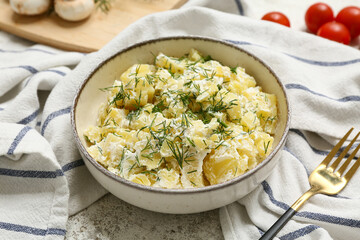 Bowl of tasty potato salad with fork on light grunge background