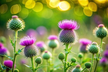 Panoramic Long Exposure Thistle Field, Green Bokeh Background - Nature Photography