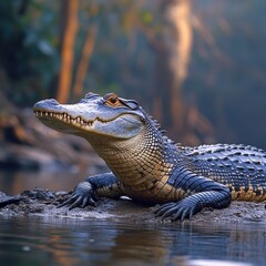 Close-up of an alligator resting on a riverbank.