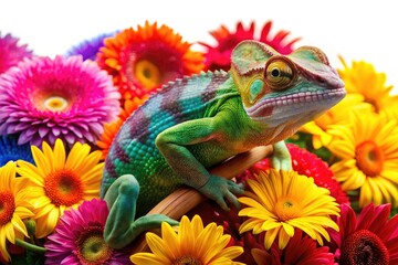 Obraz premium Chameleon on Flowers: Stunning Product Photography of Colorful Reptiles & Blooming Flora