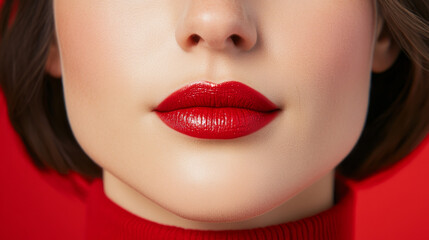Fototapeta premium A close up of womans lips showcasing vibrant red lipstick against bold red background, exuding confidence and allure. smooth texture and shine of lips highlight beauty of makeup artistry