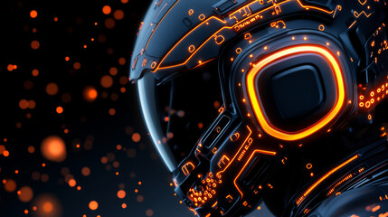 Futuristic helmet with glowing orange circuitry, showcasing advanced technology and design. intricate details and vibrant colors evoke sense of innovation and exploration