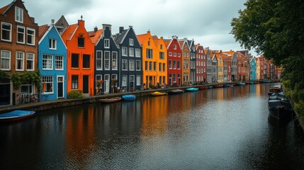 Colorful houses line a canal, reflecting in the water under a cloudy sky.