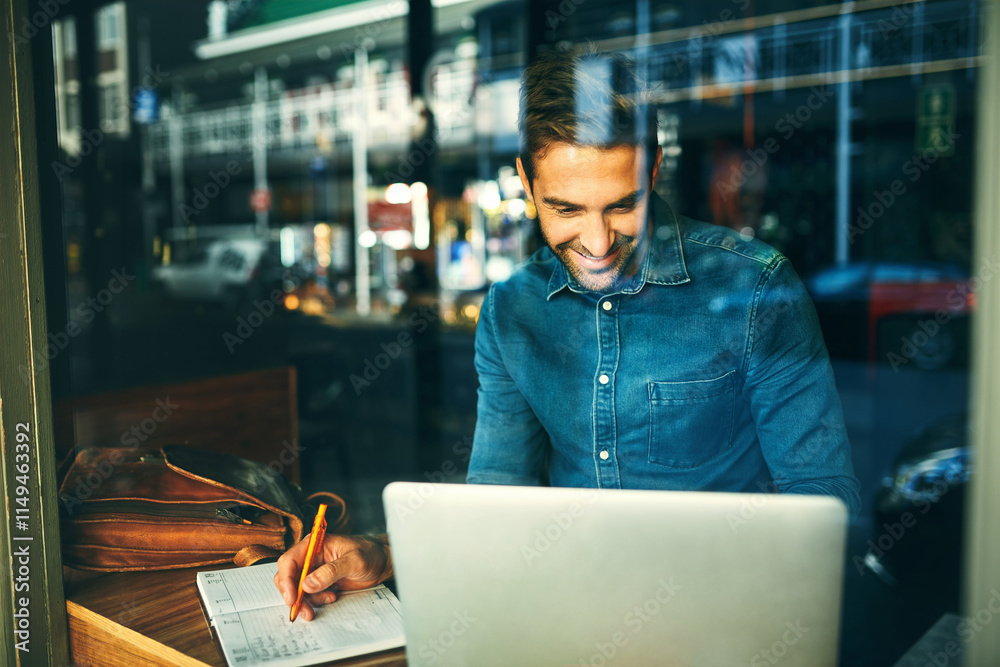 Poster laptop, window and businessman in cafe with notes for ideas, online research and planning project. c