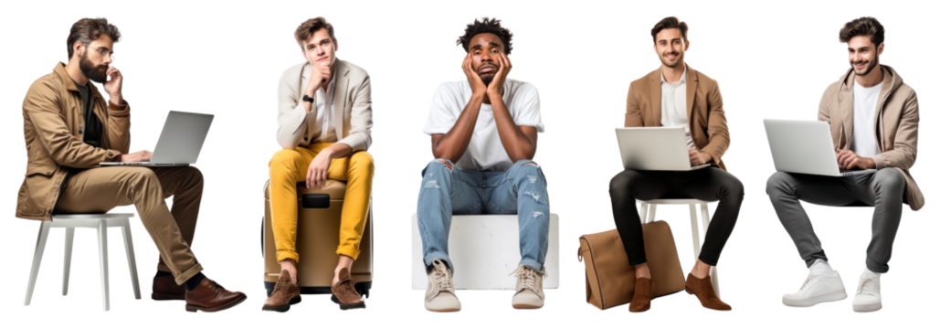 PNG Diverse men sitting laptops smiling, isolated element set, transparent background