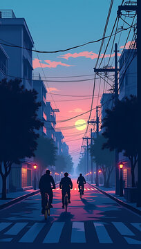 A lo-fi urban street at dusk, with dim streetlights, soft pastel skies, and silhouettes of cyclists passing by, evoking a serene and contemplative mood for a captivating HD phone wallpaper
