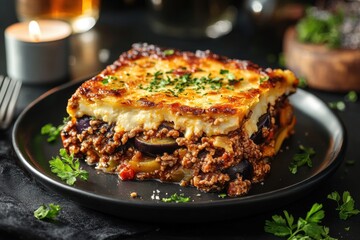 Delicious Greek Moussaka Portion on Dark Plate