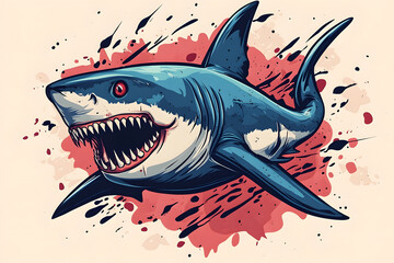 Fototapeta premium Fierce shark illustration with sharp teeth and splattered artistic background, showcasing a dynamic, bold, and edgy marine design perfect for creative projects and merchandise