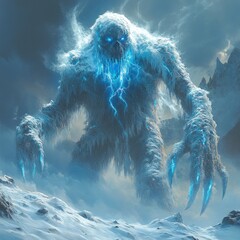 Enormous icy creature with glowing blue eyes and lightning emanating from its chest, standing on a snowy mountain.