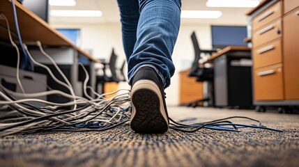 Walking Over Messy Office Cables and Wires Chaos