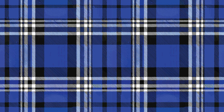 A vibrant blue tartan pattern featuring intersecting white and black lines, perfect for fashion and textile designs.