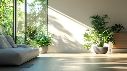 Sunlit Modern Living Room With Lush Indoor Plants