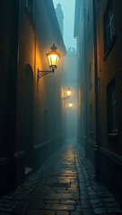 Fototapeta premium A dark, foggy alley illuminated by old street lamps casting soft yellow glows, with wet cobblestones reflecting the light and a feeling of solitude, perfect for an atmospheric HD phone wallpaper 
