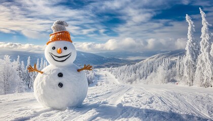 Obraz premium Happy Snowman on Snowy Mountain Winter Landscape