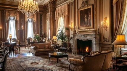 Obraz premium A luxurious classic mansion drawing room with ornate furniture, a grand chandelier, and elegant drapery, featuring a cozy seating arrangement around a marble fireplace.