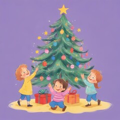 Fototapeta premium Title: Joyful Children Adorning Christmas Tree with Gifts and Decorations